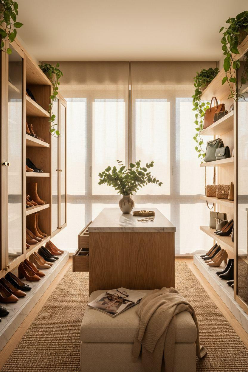 Closet shoe storage with illuminated shelving and marble countertops