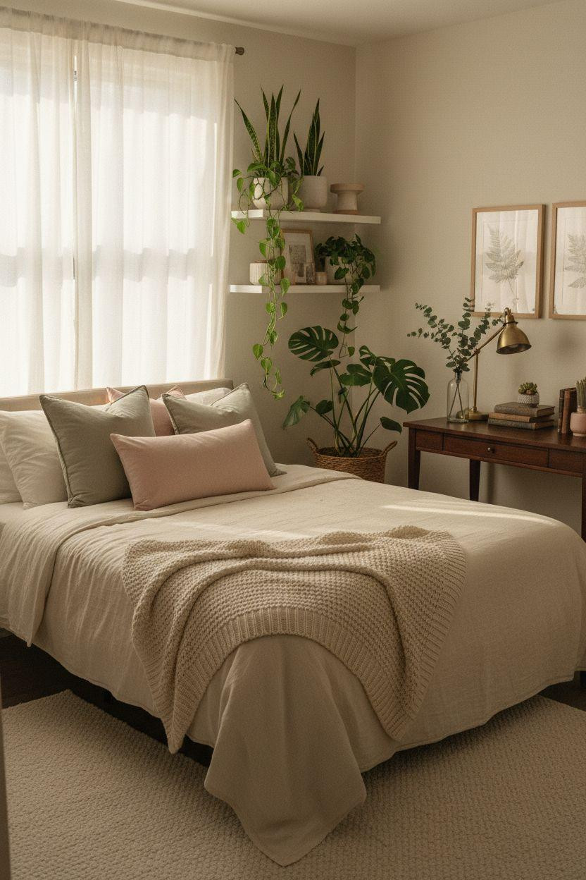 Luxury Dorm Room with plants and sage accents