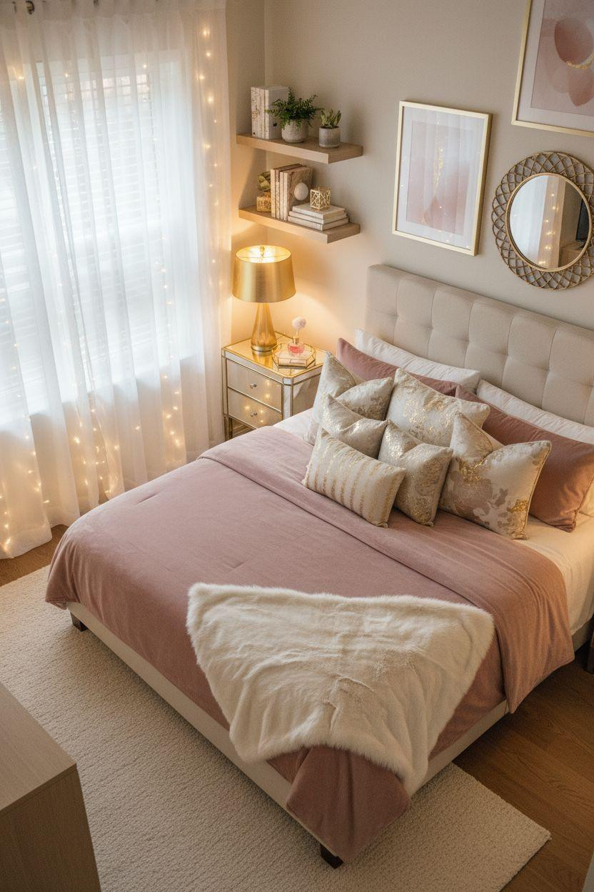 Luxury Dorm Room with blush velvet bedding