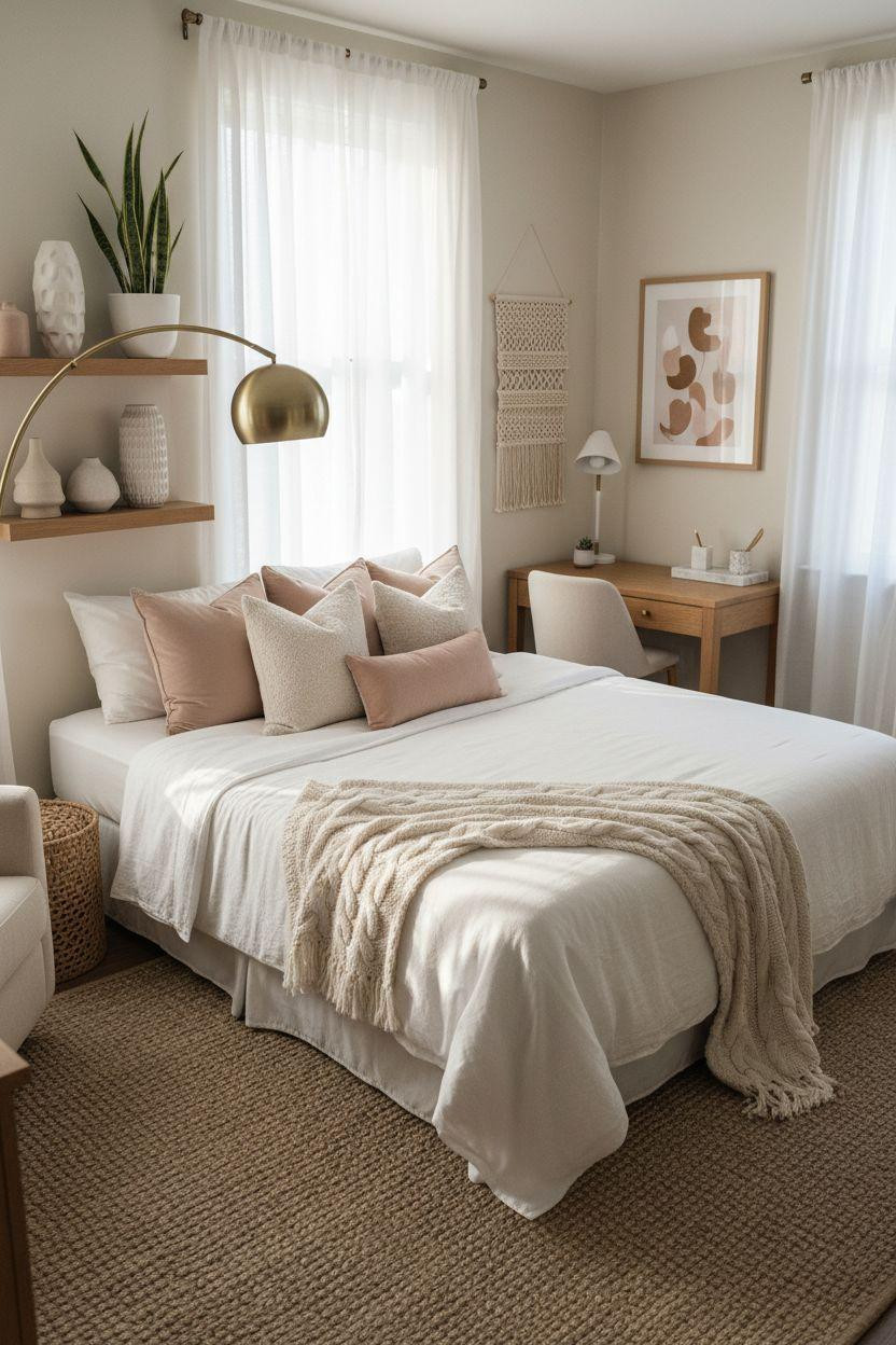 Luxury Dorm Room with brass arc lamp