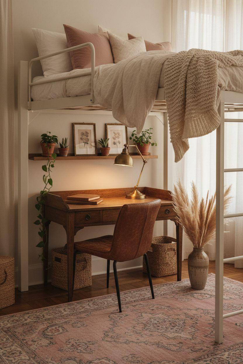 Luxury Dorm Room with lofted bed and vintage touches