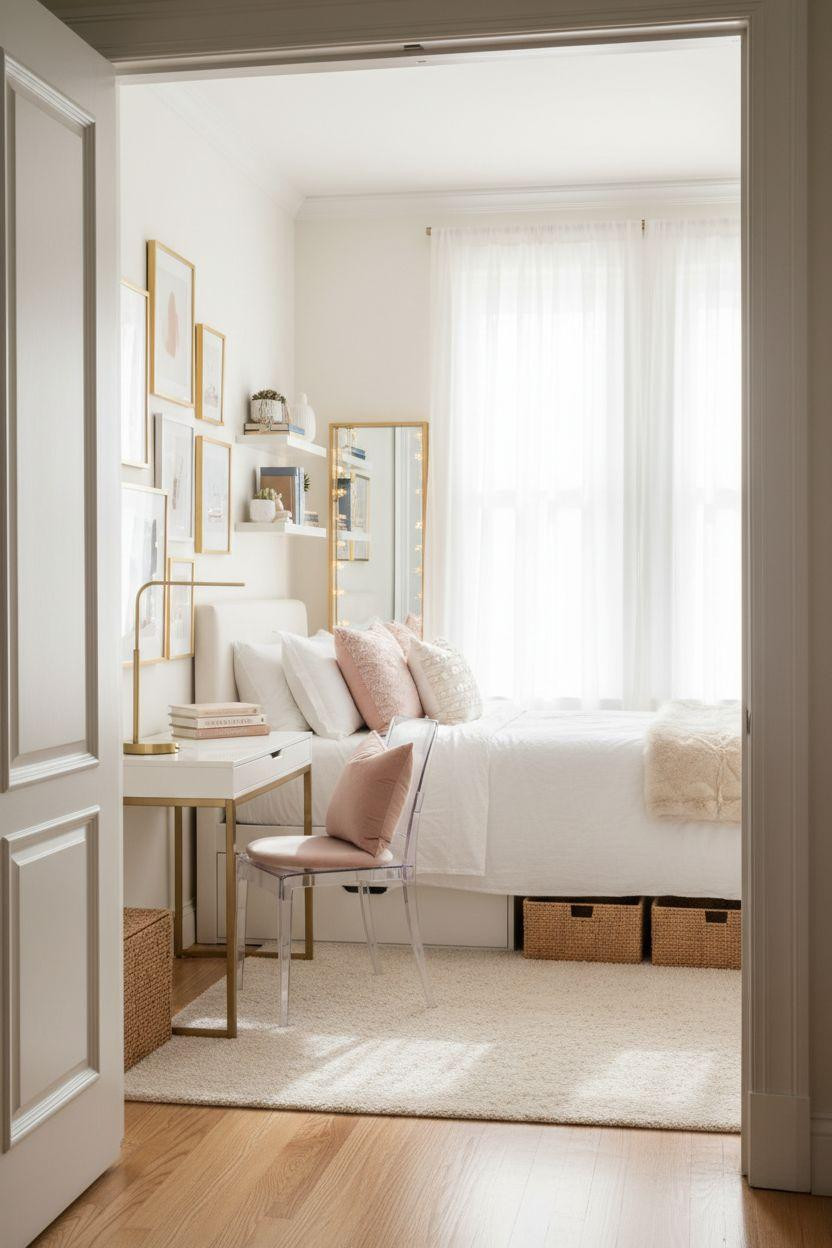 Luxury Dorm Room with white and blush palette