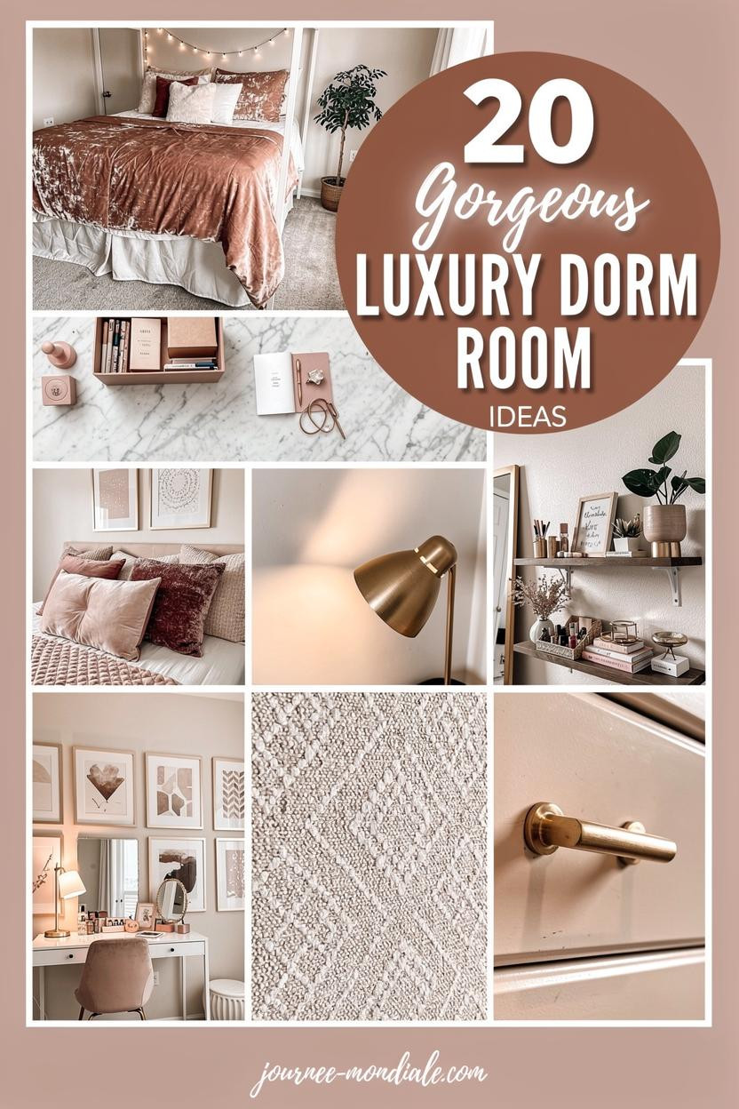Sophisticated 3x3 grid collage of high-resolution dorm room photos in warm blush, champagne, and ivory tones, featuring lofted bed with velvet duvet, marble organizer, gold lamp, plush pillows, gallery wall, vanity mirror, floating shelves with plants, textured rug, and brass hardware. Overlaid with terracotta circular badge displaying '20 Gorgeous Luxury Dorm Room Ideas' in elegant white typography.
