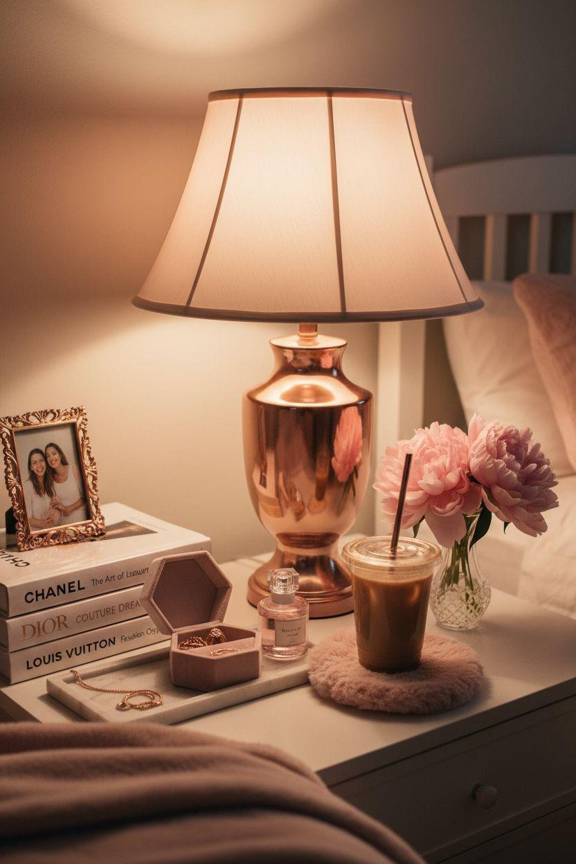 Luxury Dorm Room nightstand with rose gold lamp