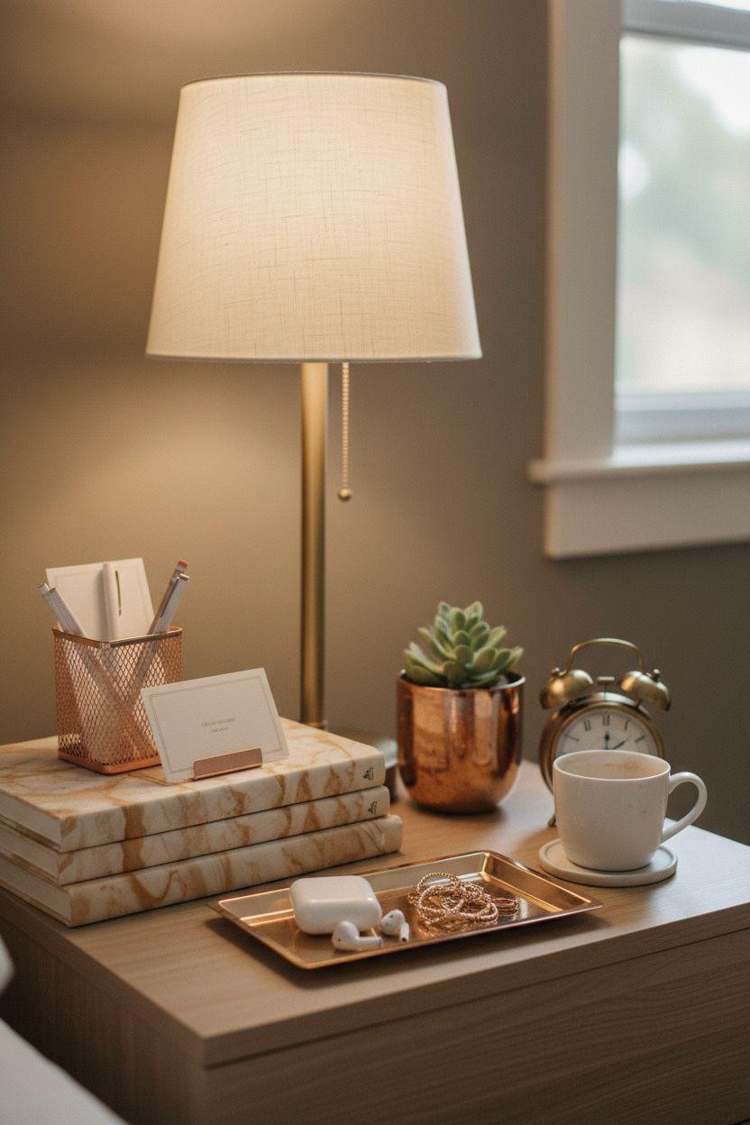 Luxury Dorm Room nightstand with metallic accents