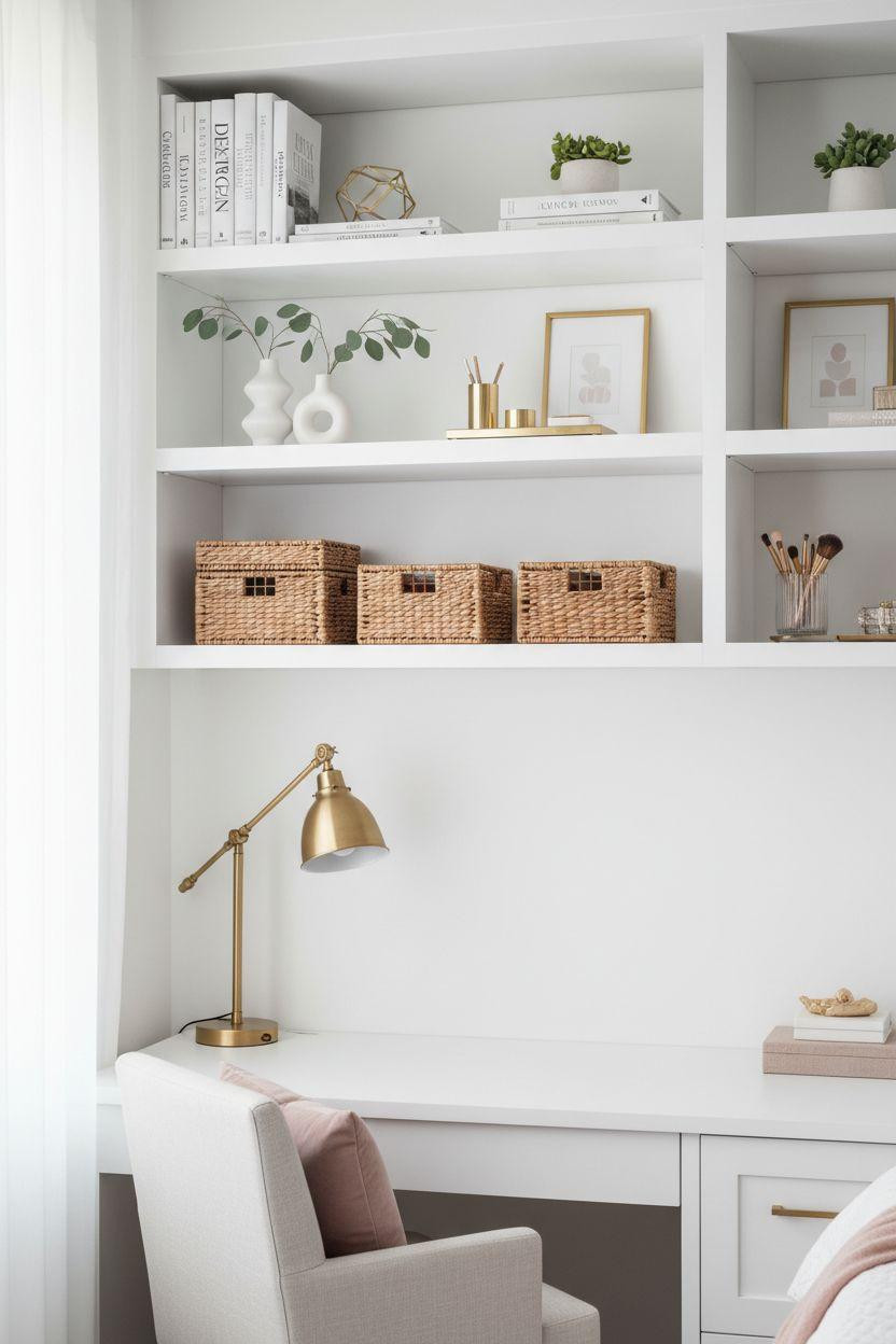 Luxury Dorm Room with white open shelving