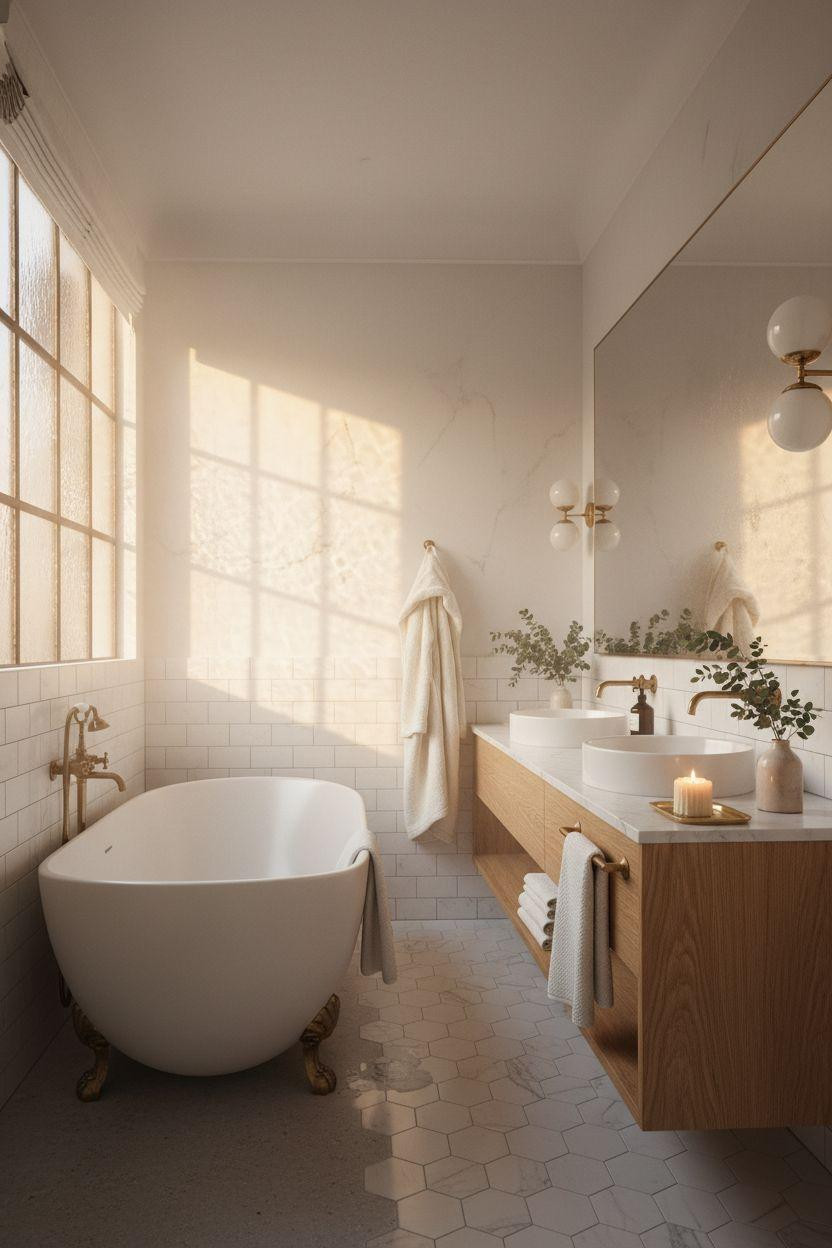 hotel bathroom with white Thassos marble and brass wall sconces