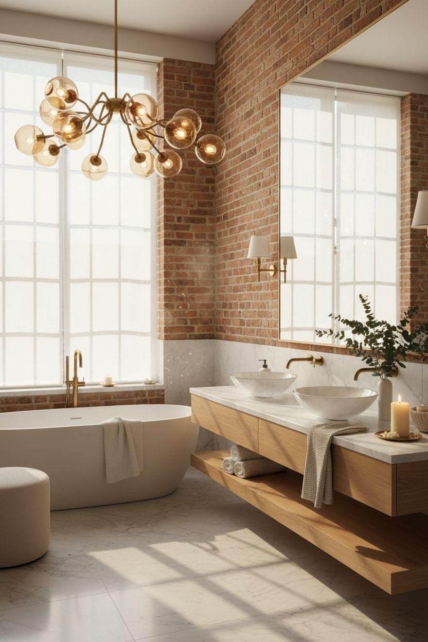 hotel bathroom with brass chandelier and exposed brick wall