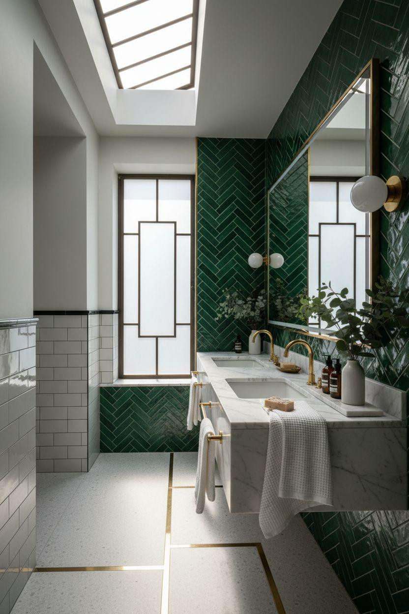hotel bathroom with emerald green zellige tile in herringbone pattern