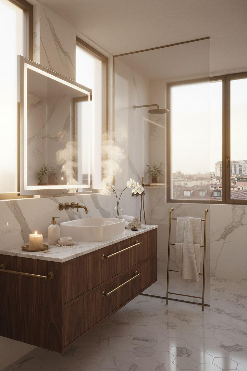 hotel bathroom with floating walnut vanity and marble countertop