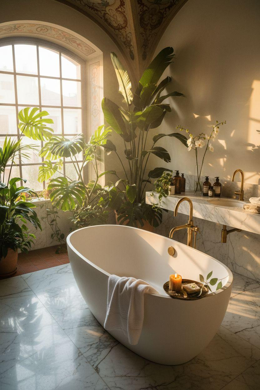 hotel bathroom with monstera plants and Calacatta Gold marble floor