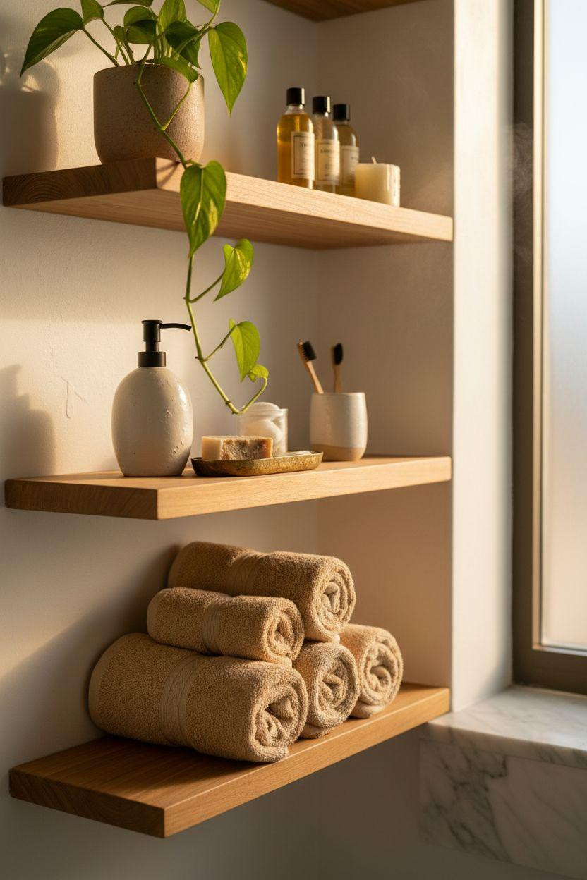 hotel bathroom with teak floating shelves and rolled towels