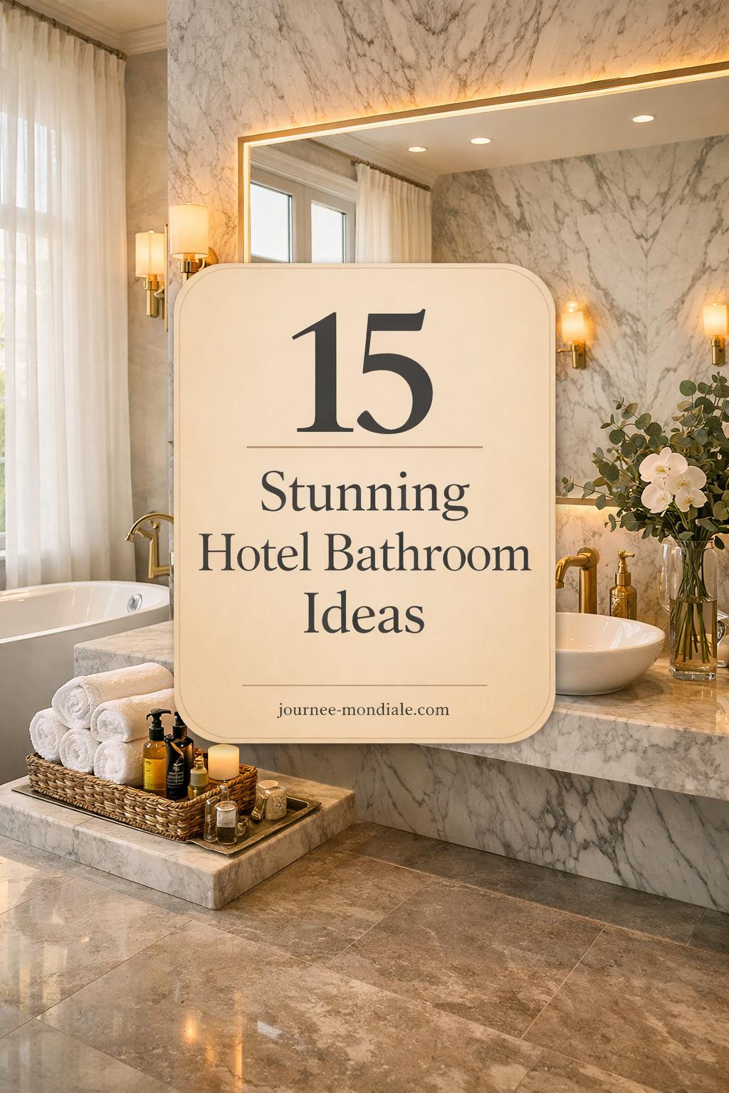 Elegant spa-like hotel bathroom with honed Carrara marble double vanity, unlacquered brass fixtures, freestanding soaking tub, and floor-to-ceiling marble wall. Natural light floods through sheer Belgian linen treatments, complemented by fresh eucalyptus, white orchid, and rolled spa towels on a marble tray.