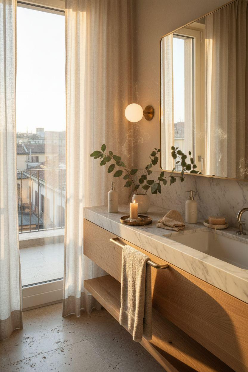 hotel bathroom vanity with brass fixtures and marble countertop