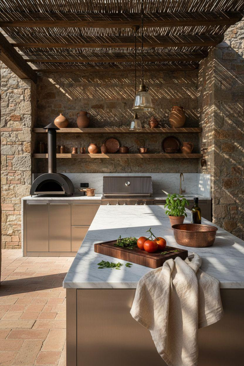 Outdoor Kitchen Ideas - refined covered kitchen with marble counters