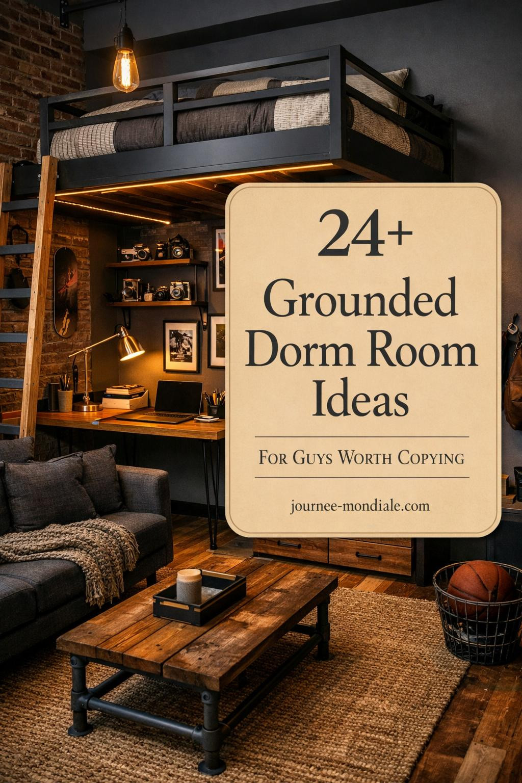Masculine dorm room with industrial-modern style, featuring charcoal gray walls, exposed brick accent, matte black queen loft bed with oak ladder, organized walnut desk workspace, black steel shelving displaying vintage camera and vinyl records, charcoal linen futon, woven jute rug, dramatic Edison bulb lighting, and text overlay reading '24+ Grounded Dorm Room Ideas For Guys Worth Copying'.