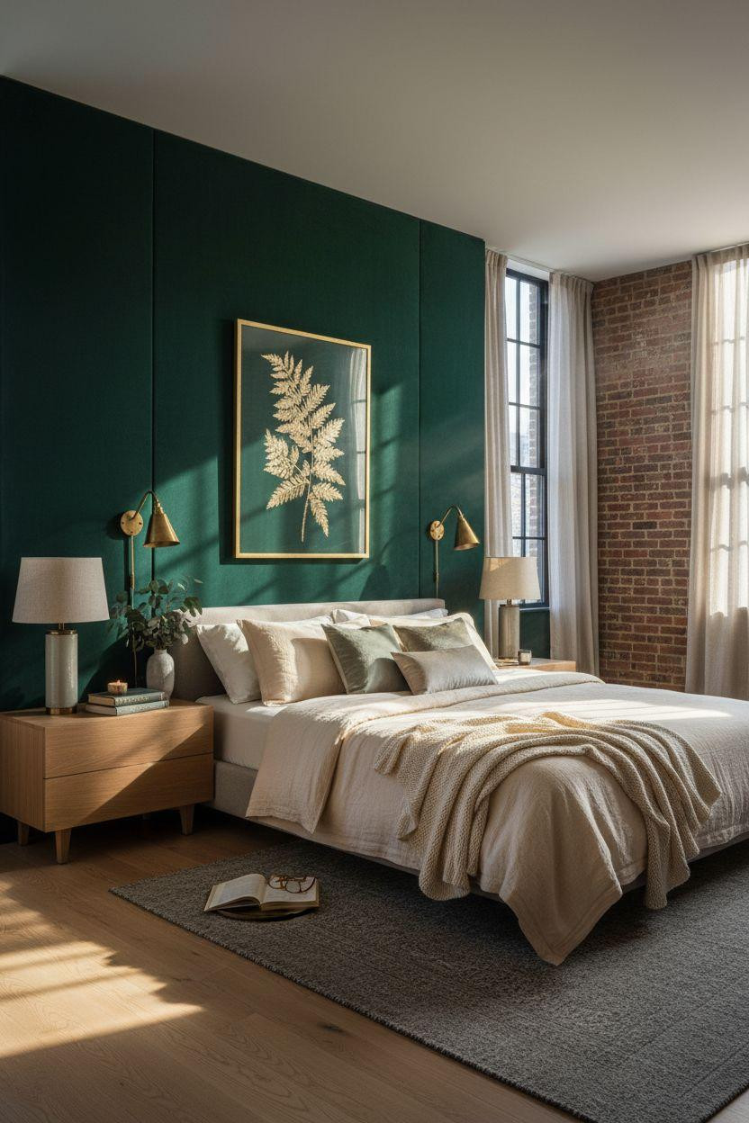 Master Bedrooms With Accent Wall - deep emerald velvet upholstered wall
