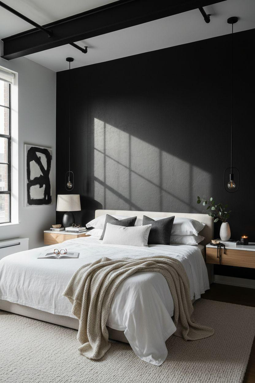 Master Bedrooms With Accent Wall - matte black wall with dramatic lighting