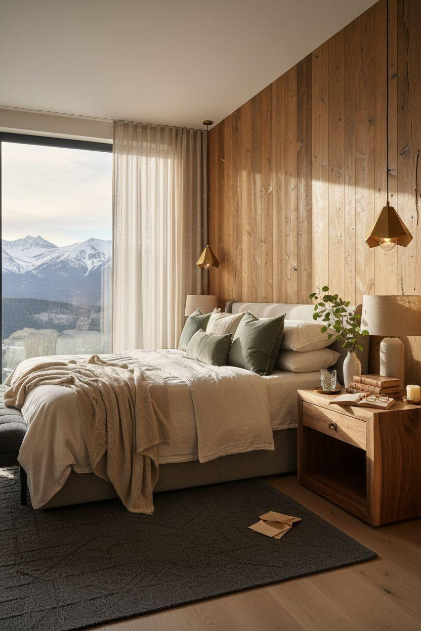 Master Bedrooms With Accent Wall - honey-toned oak planks with natural knots