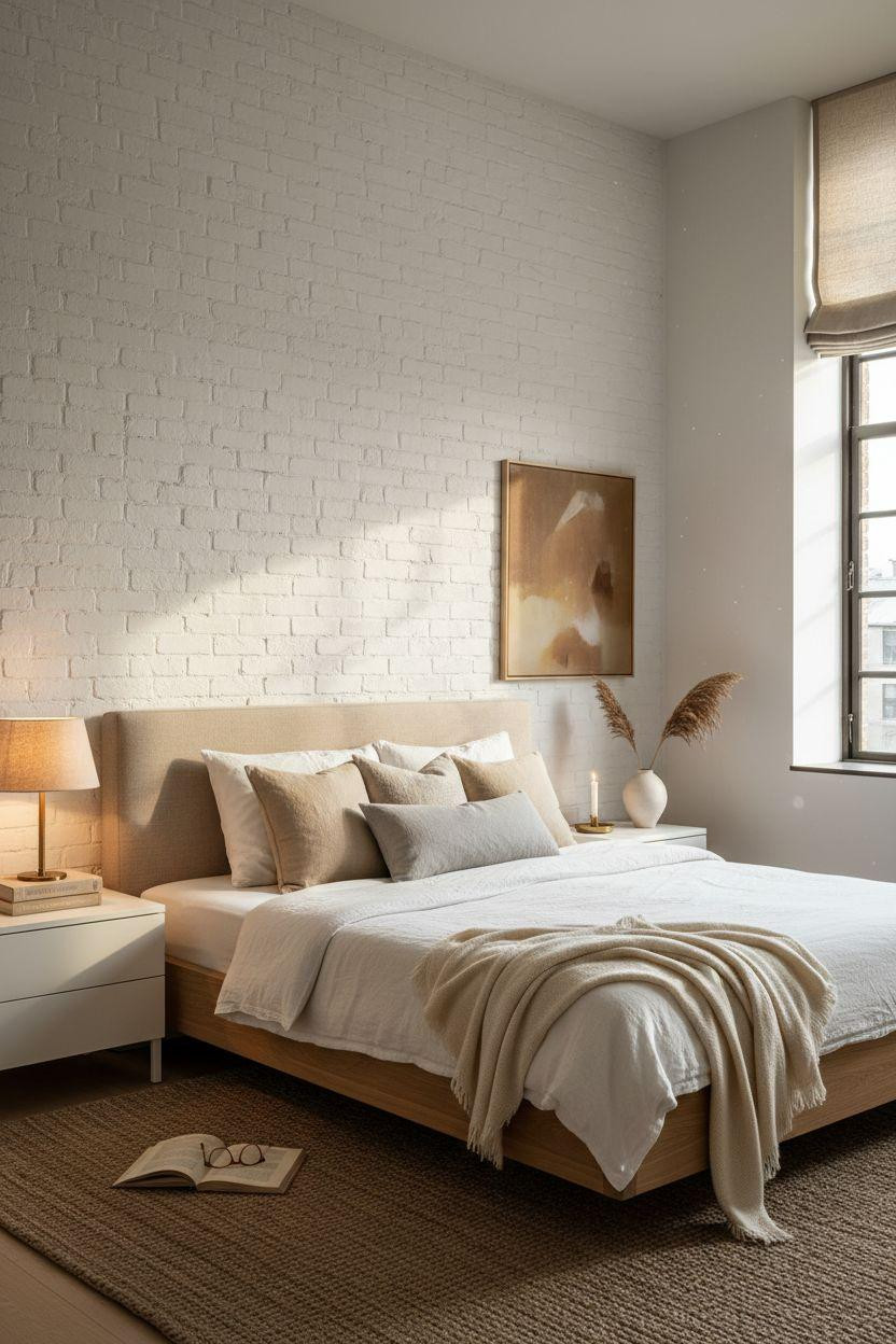 Master Bedrooms With Accent Wall - white painted exposed brick with texture