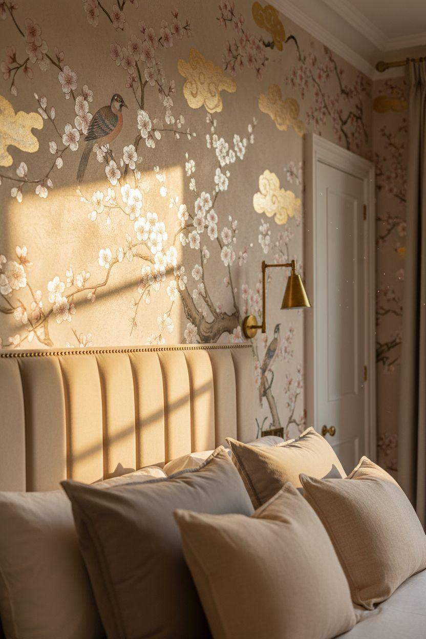 Master Bedrooms With Accent Wall - hand-painted chinoiserie wallpaper with cherry blossoms
