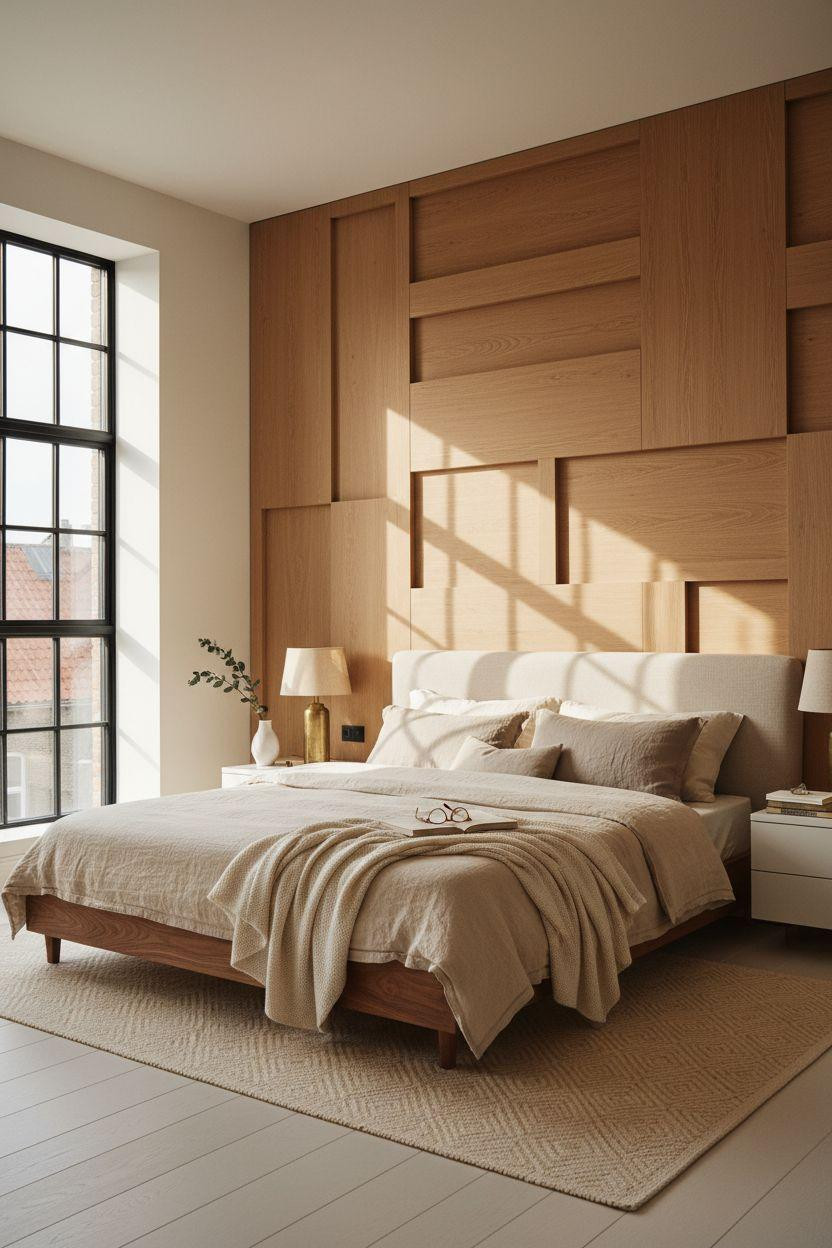 Master Bedrooms With Accent Wall - raised white oak geometric panels