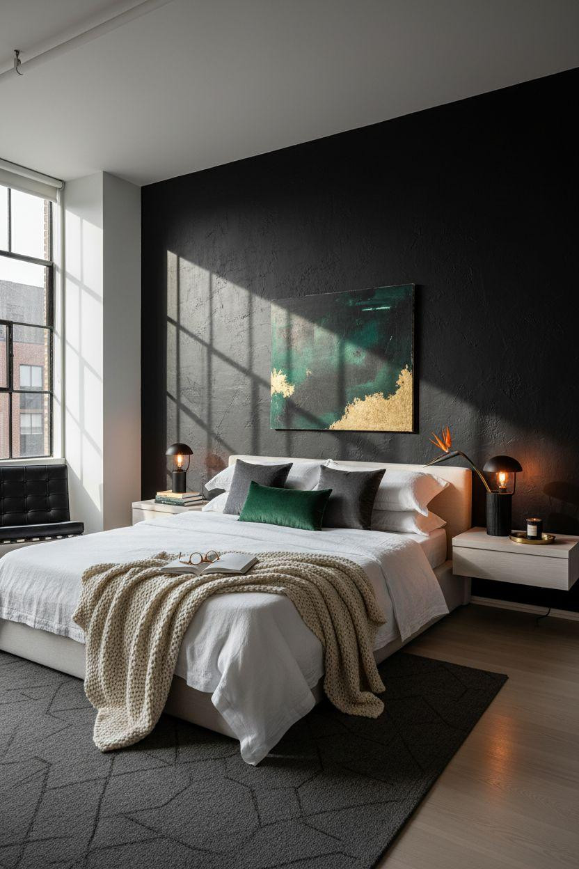 Master Bedrooms With Accent Wall - matte black textured plaster wall