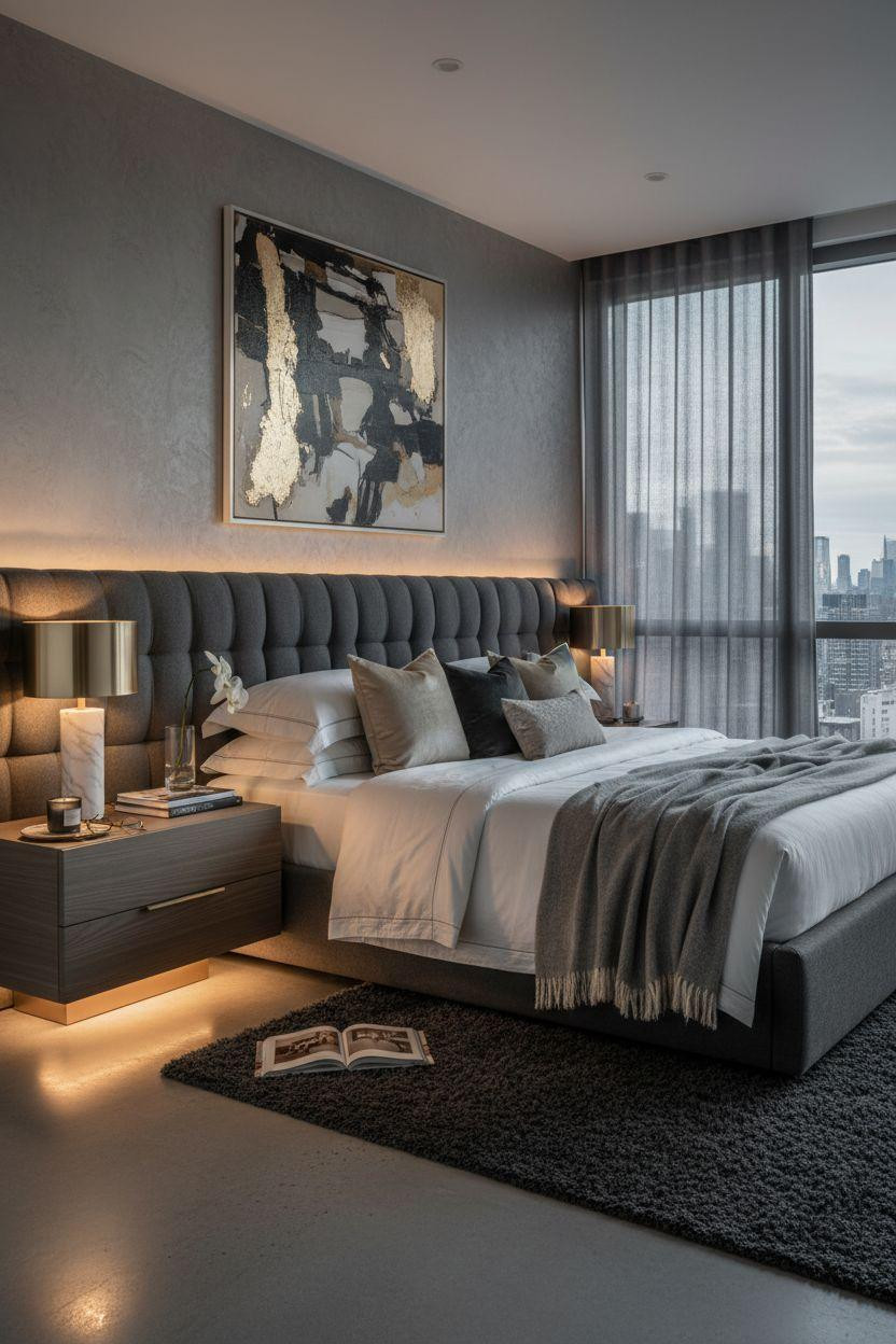Master bedrooms decor modern - moody bedroom with gold accents