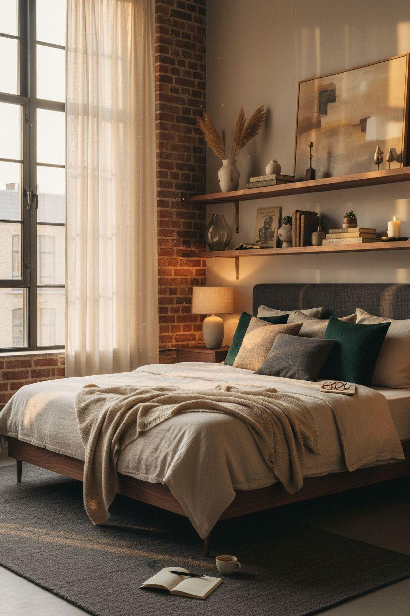 Master bedrooms decor modern - luxury bedroom with walnut shelving