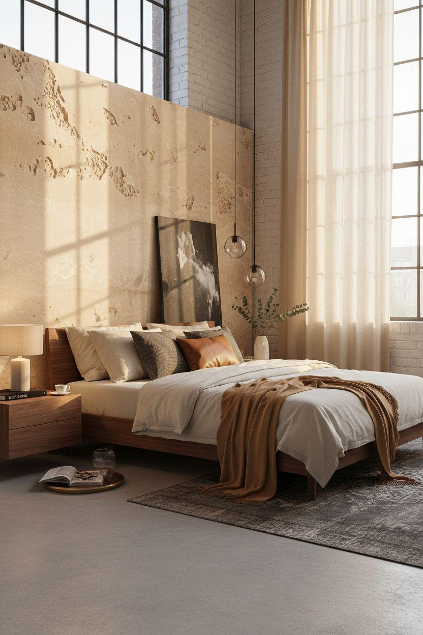 Master bedrooms decor modern - warehouse bedroom with travertine
