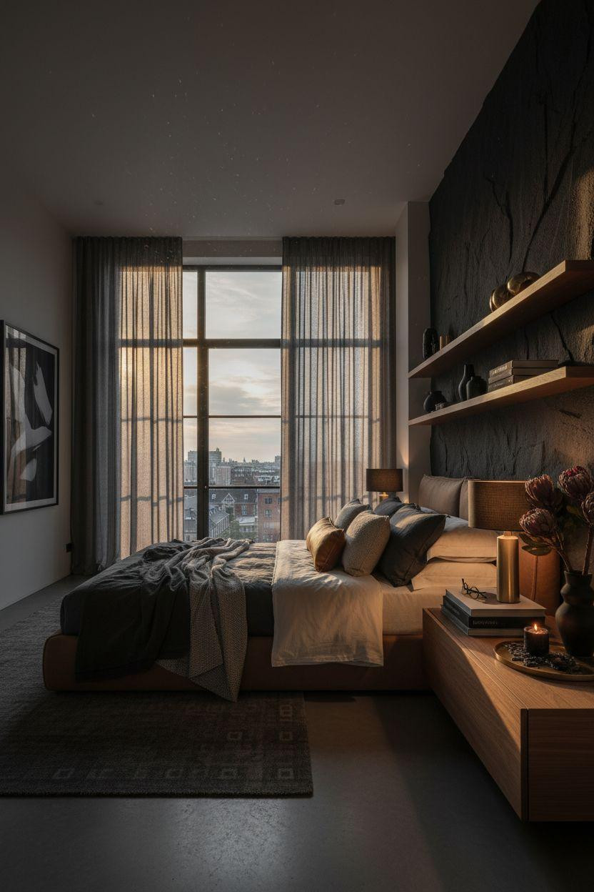 Master bedrooms decor modern - moody bedroom with limestone