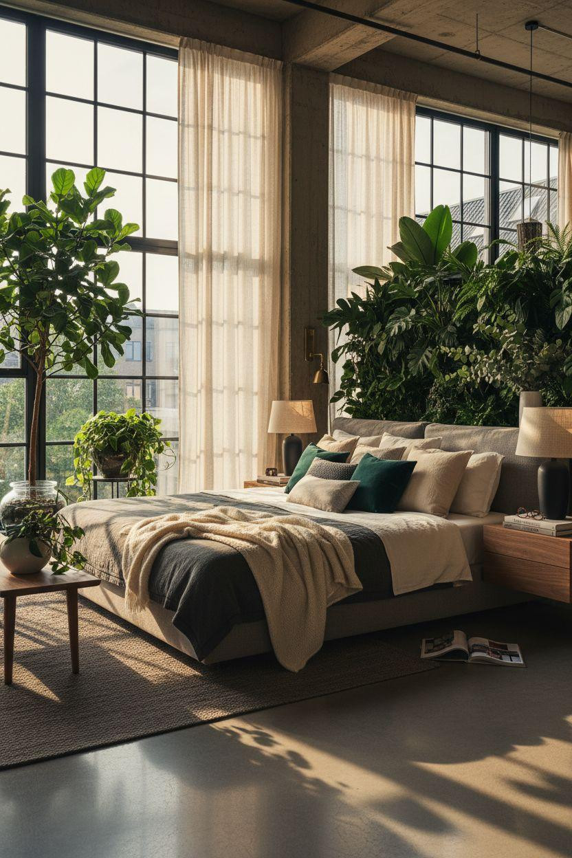Master bedrooms decor modern - green bedroom with plant wall