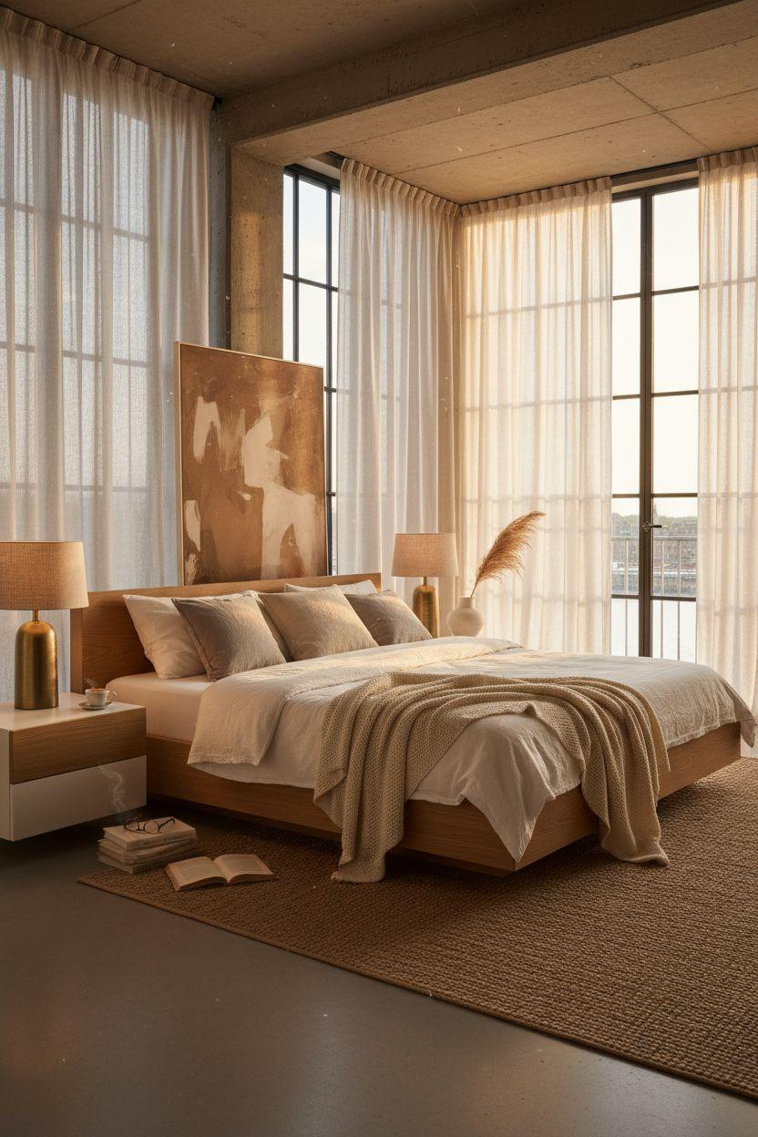 Master bedrooms decor modern - expansive bedroom with concrete and oak