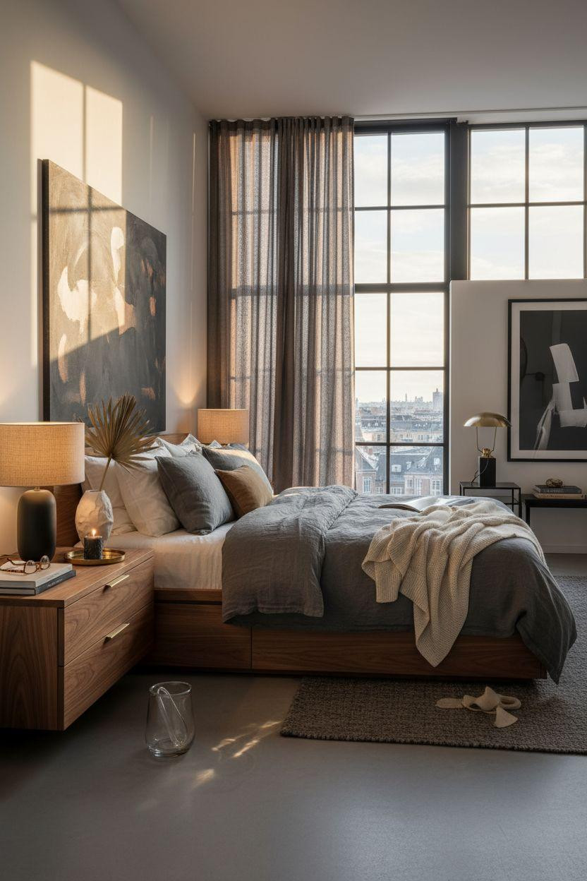 Master bedrooms decor modern - editorial bedroom with walnut nightstands