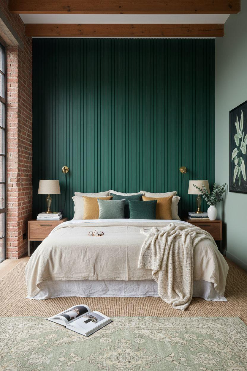 Master Bedrooms With Accent Wall - deep emerald green painted wood slats