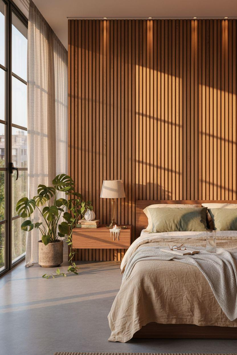 Master Bedrooms With Accent Wall - geometric walnut wood slats with alternating patterns