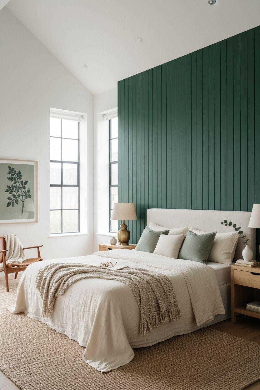 Master Bedrooms With Accent Wall - deep forest green painted wood slats
