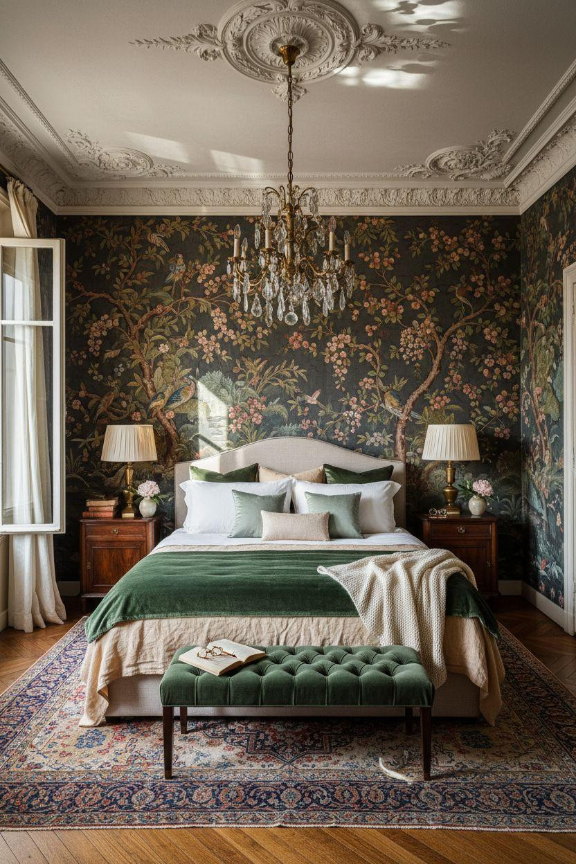 Master Bedrooms With Accent Wall - elaborate chinoiserie wallpaper with gold leaf details