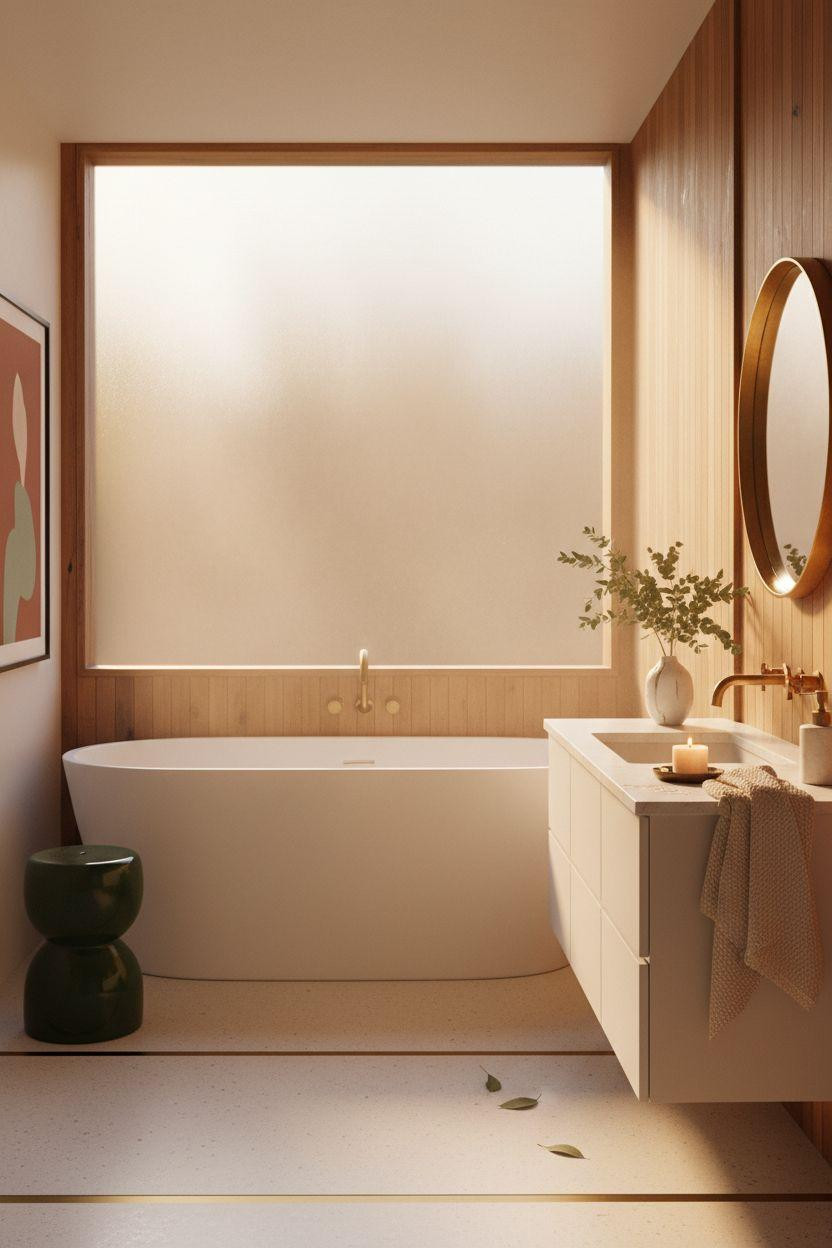 mid century modern bathroom - warm teak wood slat walls with deep soaking tub