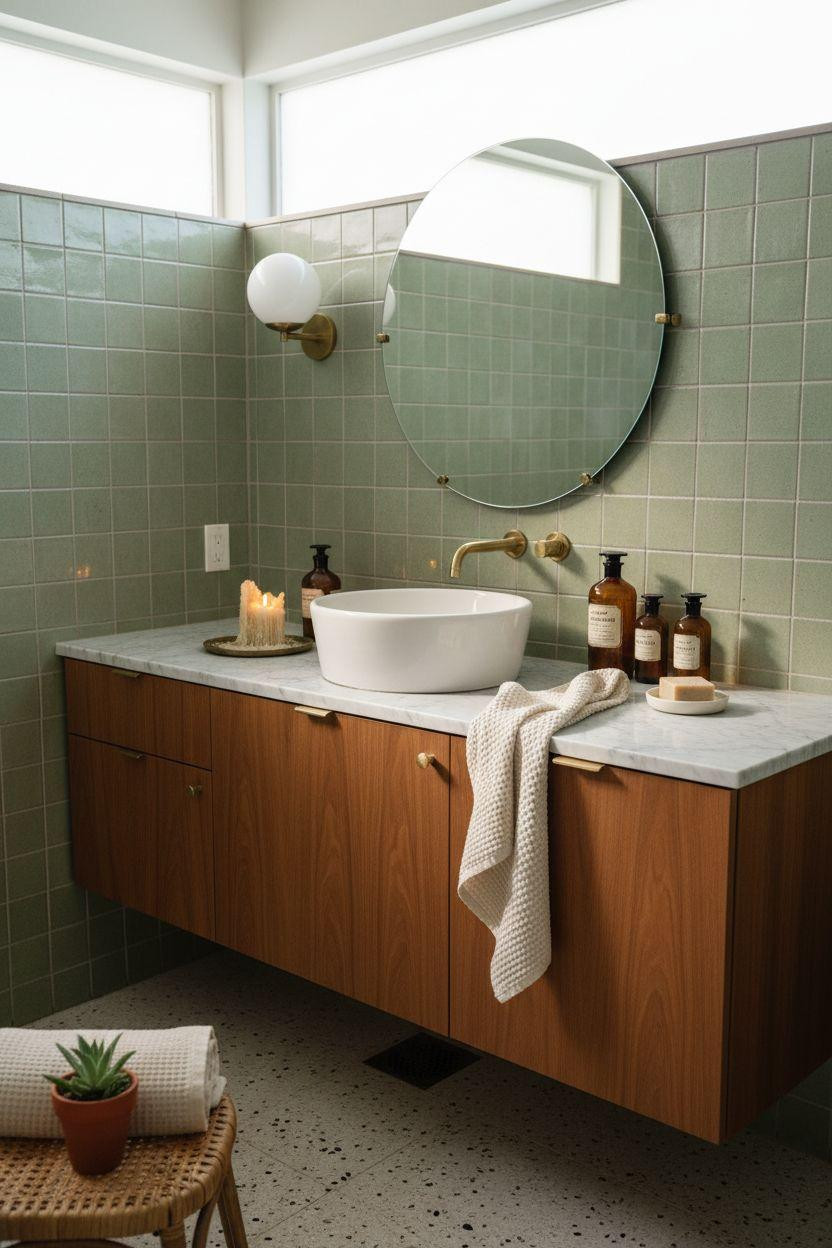 mid century modern bathroom - vintage design with sage ceramic tiles