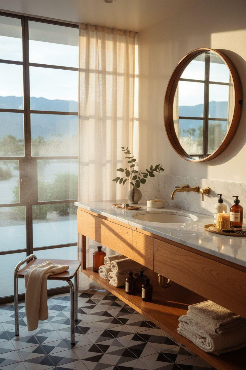 mid century modern bathroom - elegant setup with Carrara marble countertops