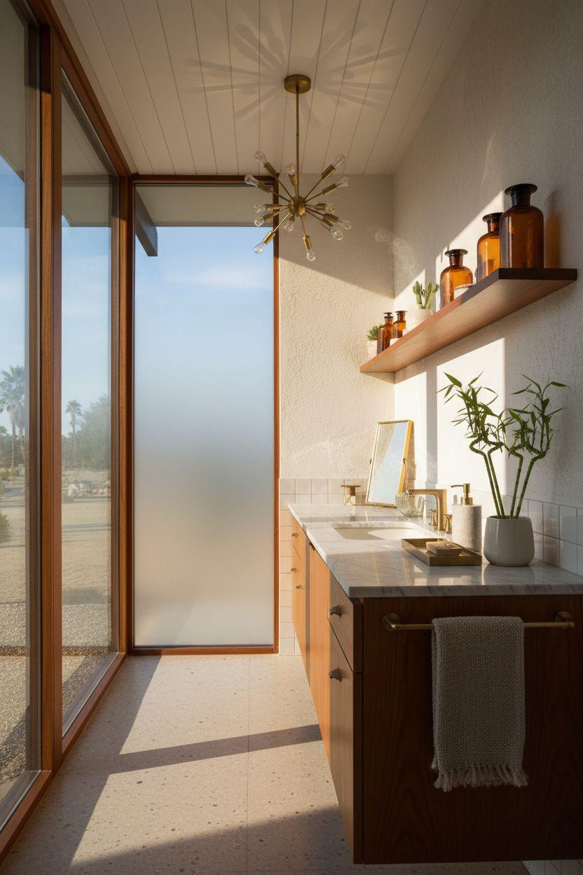 mid century modern bathroom - dramatic lighting with strong shadows