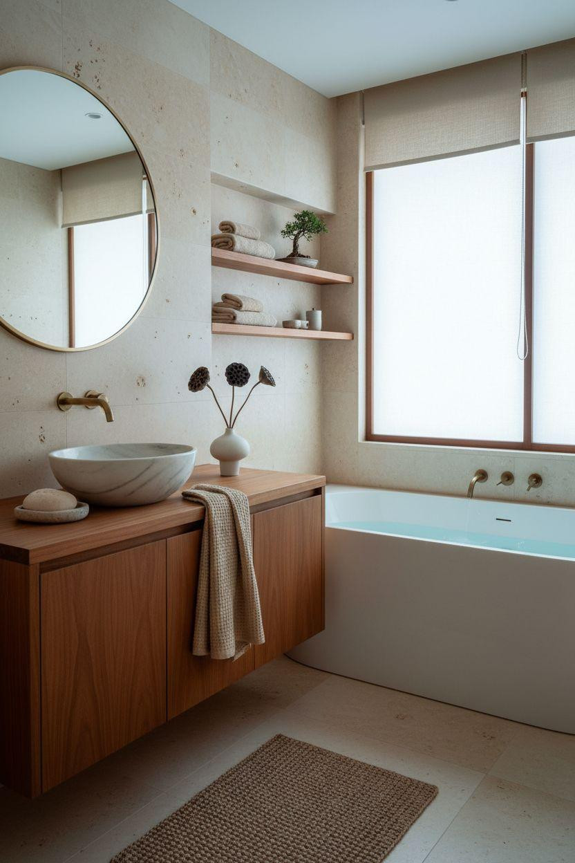 mid century modern bathroom - Japandi style with warm teak and travertine