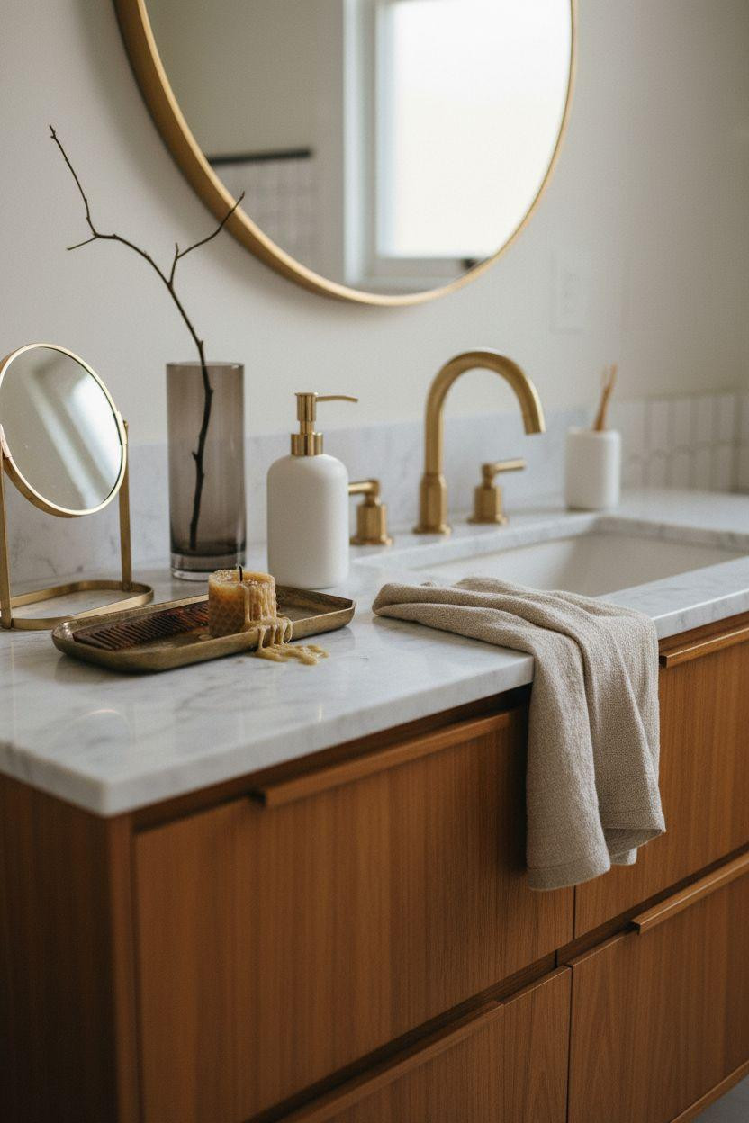 mid century modern bathroom - close-up of minimalist vanity styling