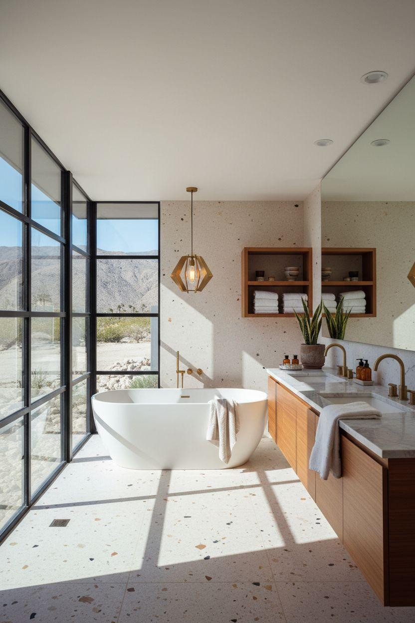 mid century modern bathroom - expansive design with freestanding tub and views