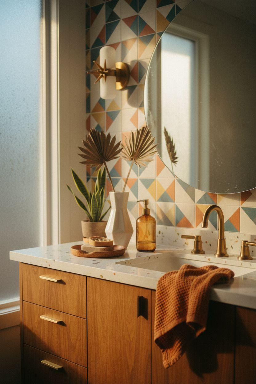 mid century modern bathroom - bold design with geometric tiles and vintage colors