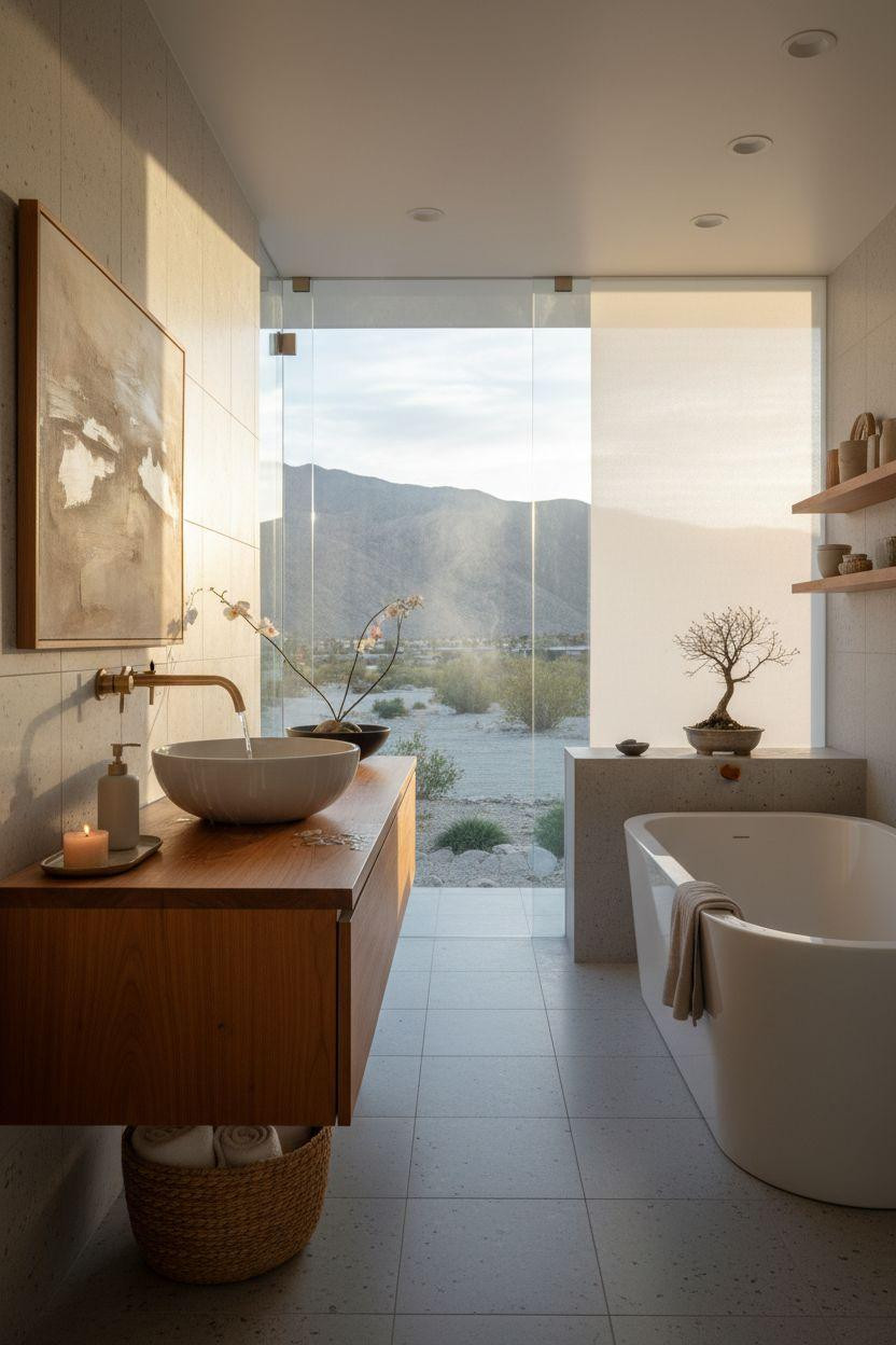 mid century modern bathroom - natural light with Japanese soaking tub