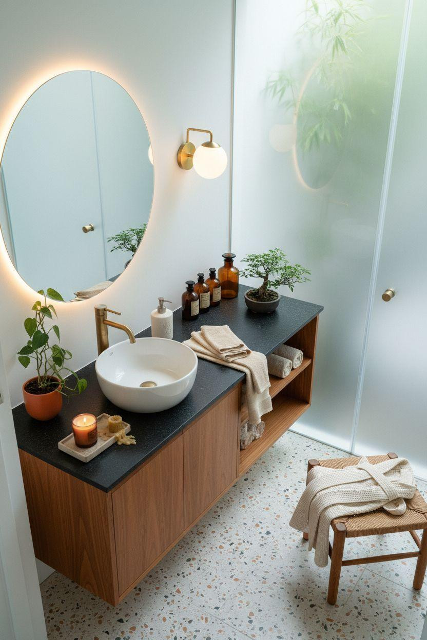 mid century modern bathroom - overhead styling with vintage orange accents