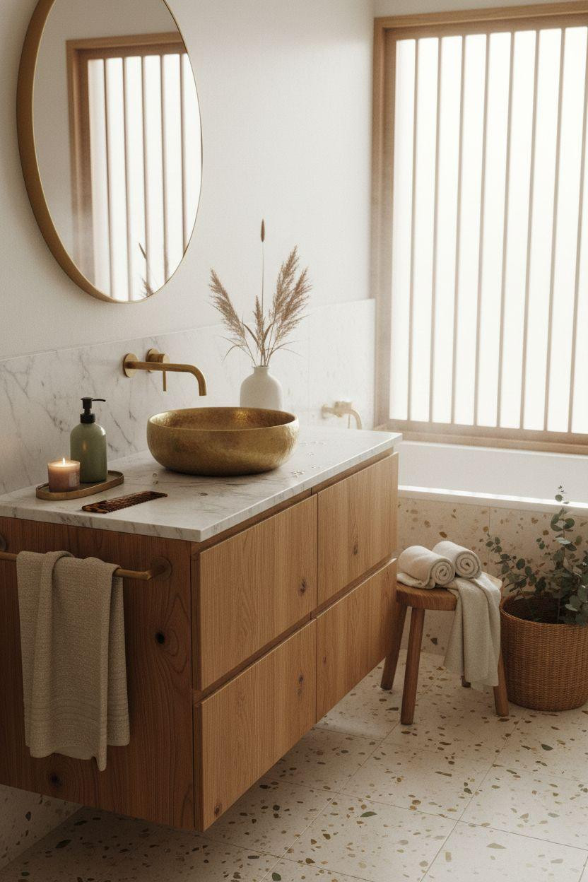 mid century modern bathroom - 1970s inspired with hammered brass vessel sink