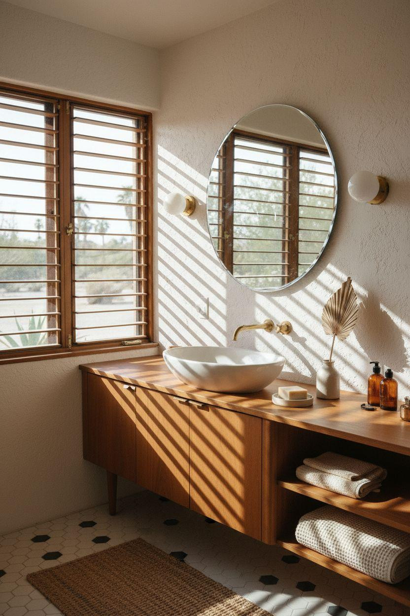 mid century modern bathroom - Palm Springs style with vintage brass fixtures